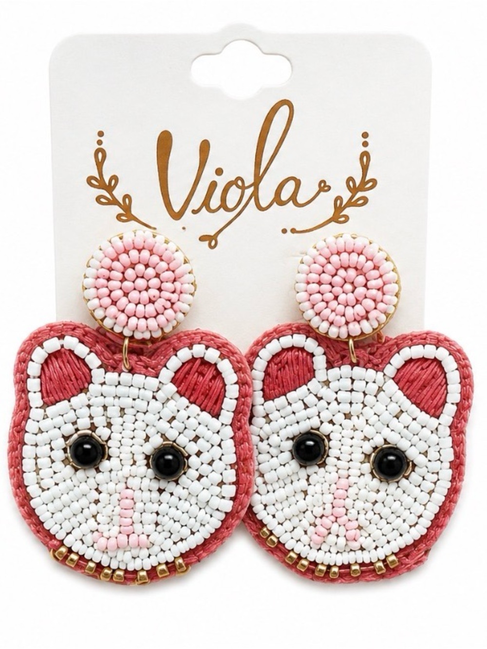 Viola White Cat Beaded Statement Earrings | Pink Cat Face Boutique Jewelry | NWT
